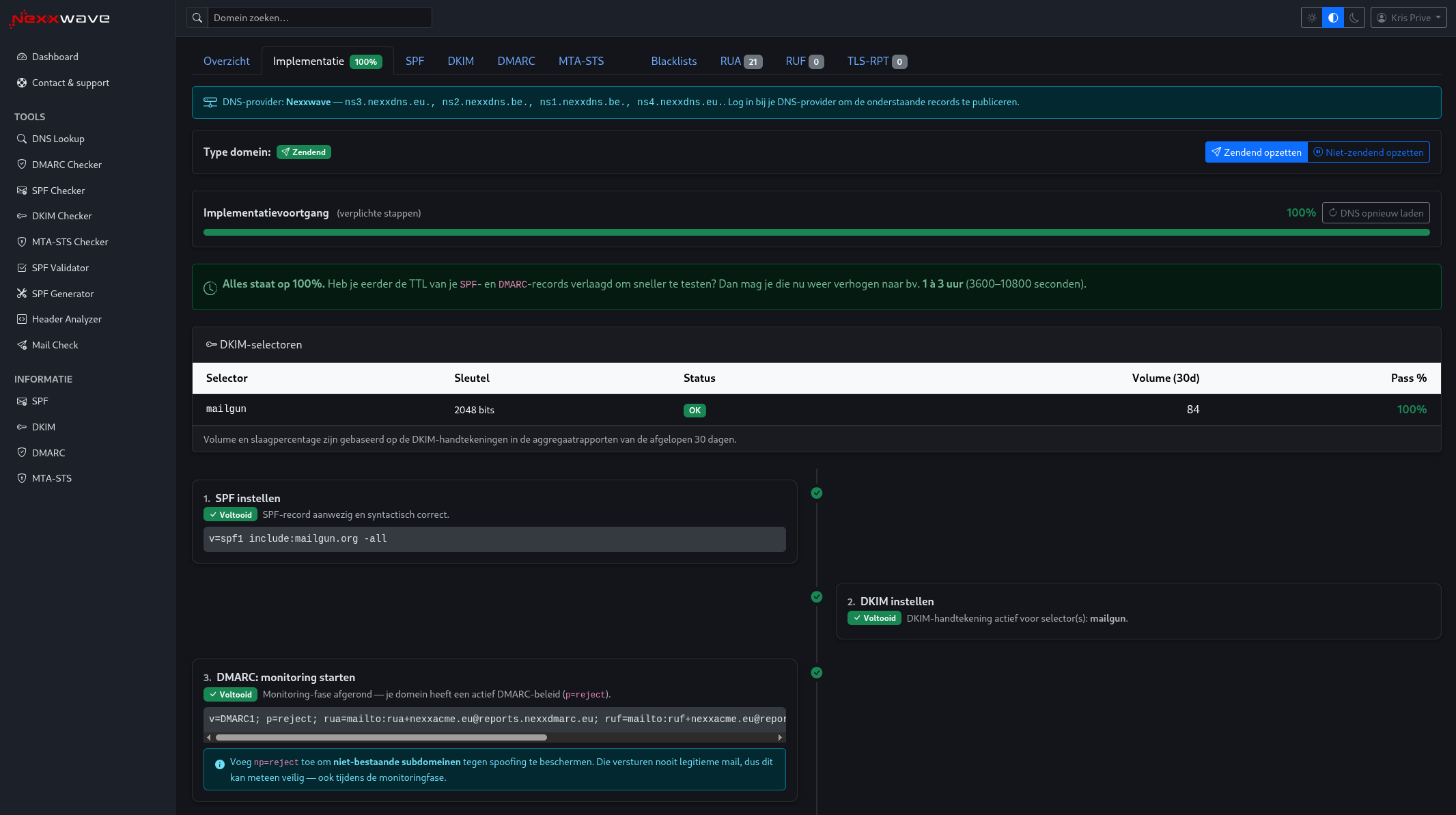 Implementatie-tracking met live DNS-validatie